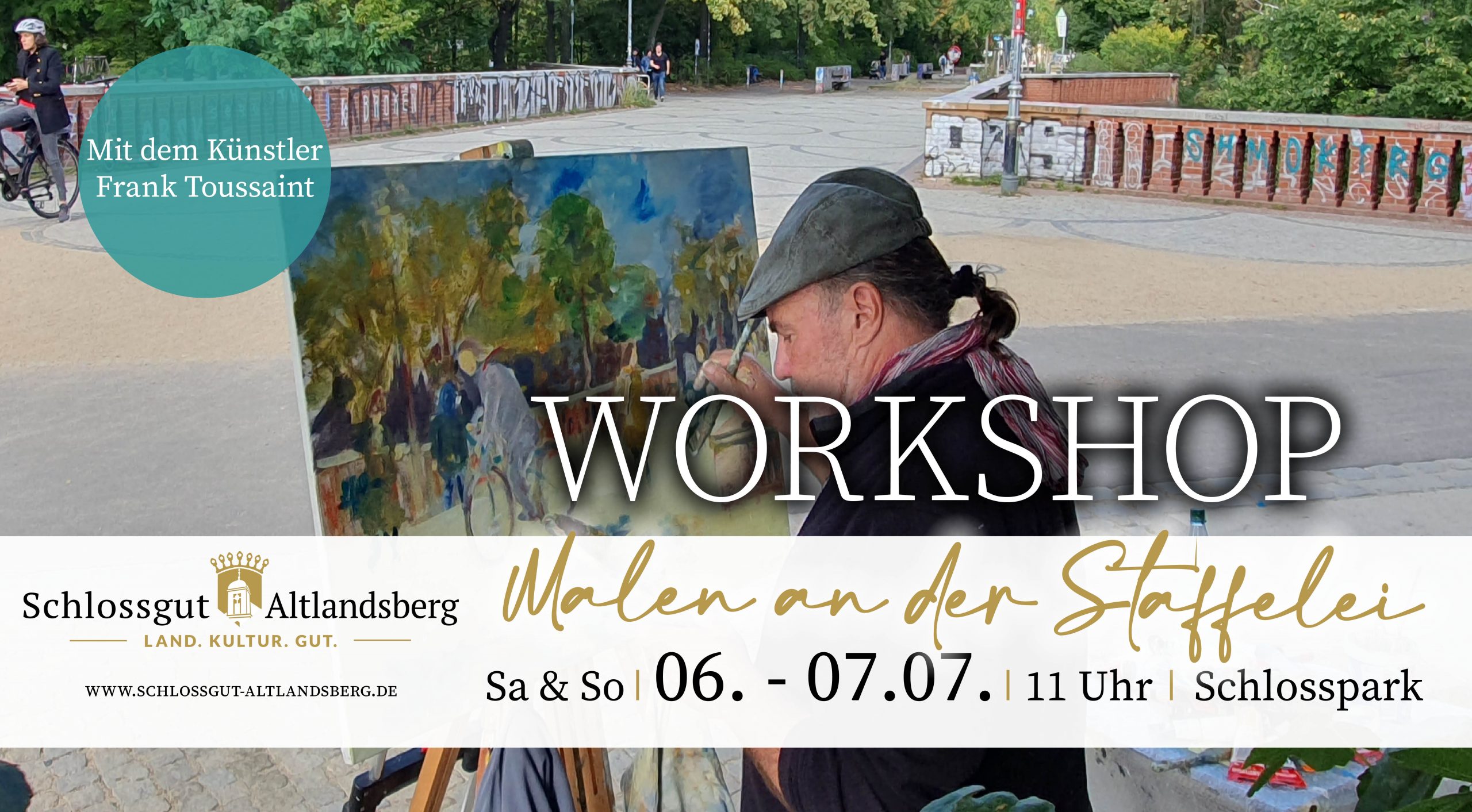 Am 6. und 7. Juli wird Frank Toussaint einen Malworkshop an der Staffelei im Schlosspark Altlandsberg geben.